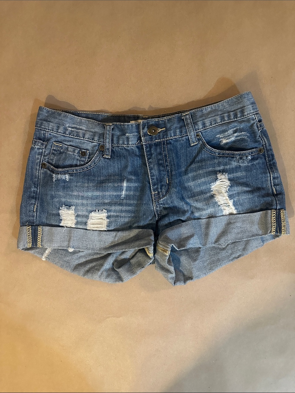 Forever 21 Distressed Roll-Cuff Denim Shorts - Blue